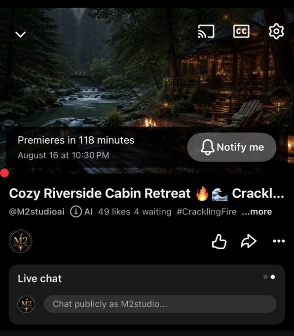 A YouTube live stream preview for "Cozy Riverside Cabin Retreat" by @M2studioai, scheduled to premiere on August 16 at 10:30 PM (in 118 minutes), features a warm cabin scene with a crackling fire beside a river. The image ties into the post's announcement of joining the YouTube chat, highlighting the channel's upcoming cozy livestream experience.