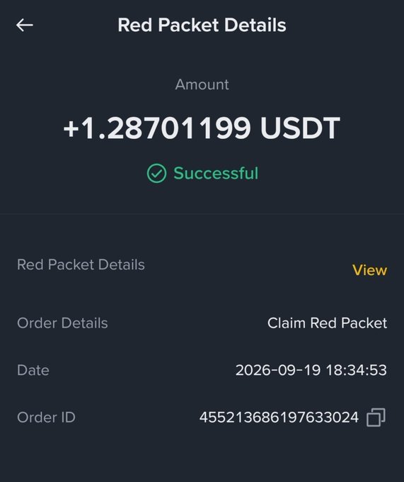 A mobile app screen showing 'Red Packet Details' for a successful transaction of +1.28701199 USDT dated 2026-09-19.