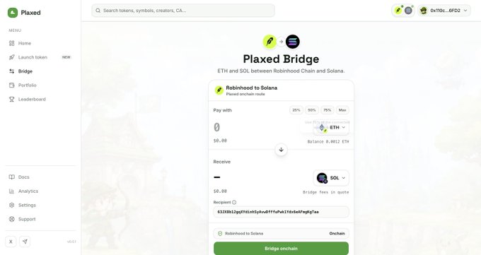 The image displays the Plaxed Bridge interface for swapping ETH and SOL between Robinhood Chain and Solana, showing a "Robinhood to Solana" transaction with $0.00 amounts, an ETH balance of 0.0012, and a "Bridge onchain" button at the bottom. This aligns with the post's announcement of a secure, easy-to-use bidirectional bridge between Solana and Robinhood, showcasing the user interface where users can swap tokens between the two networks.