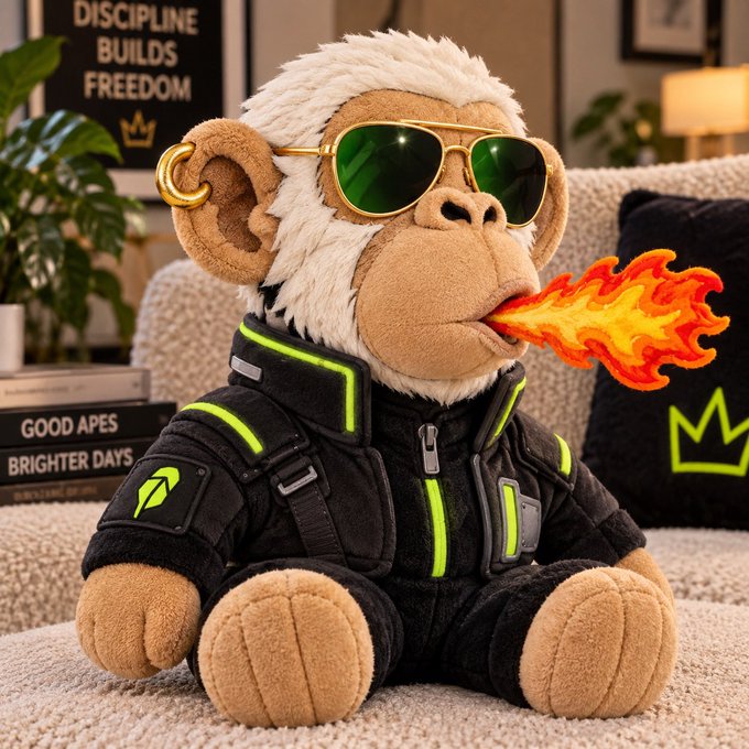 A plush monkey wearing reflective green sunglasses and a black tactical jacket breathes fire from its mouth while sitting on a beige couch, with framed text reading "DISCIPLINE BUILDS FREEDOM," a pillow showing "GOOD APES BRIGHTER DAYS," and a neon crown logo in the background—visually echoing the post's reference to collecting 13 apes across nine districts for a 25% rewards bonus.