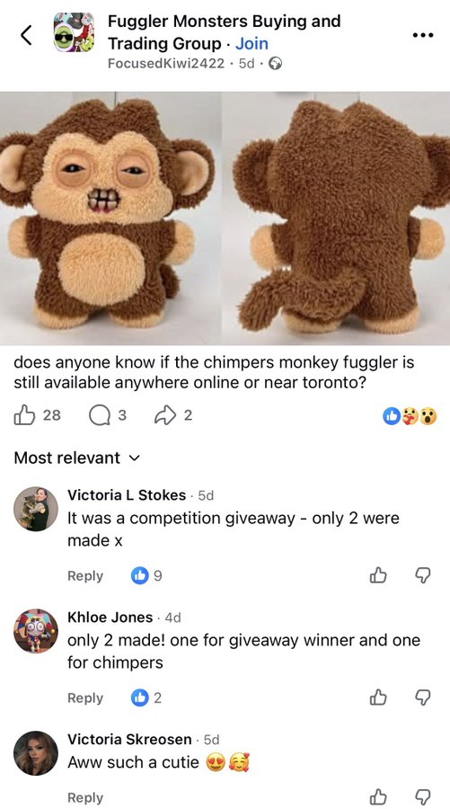 Facebook post from 'Fuggler Monsters Buying and Trading Group' asking if the Chimpers Monkey Fuggler plush is available, with replies confirming only 2 were made as competition giveaways.