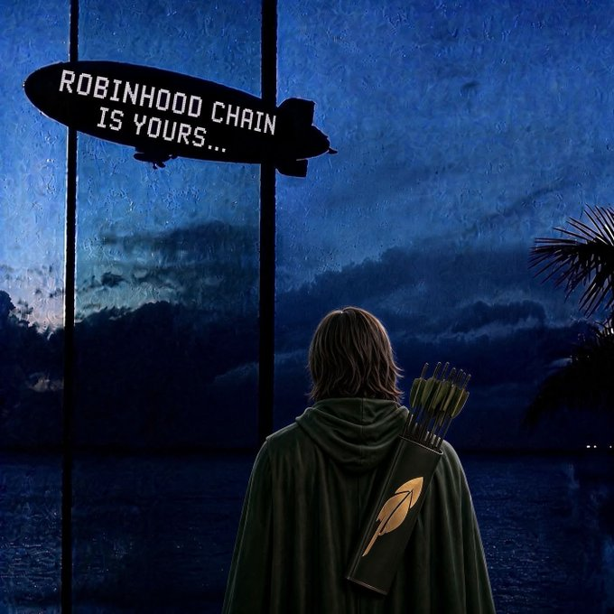 An illustration of a figure in a green cloak carrying a quiver of arrows, looking out at a dark blue seascape, with a blimp overhead displaying the text 'ROBINHOOD CHAIN IS YOURS...'