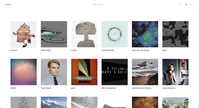A screenshot of the JAYWIC website showing a 'FEATURED' gallery of digital art, with artists like 'trisysoul', 'Nikita Dadar', 'misella', and 'Yoshi Sodeoka' listed beneath their works.