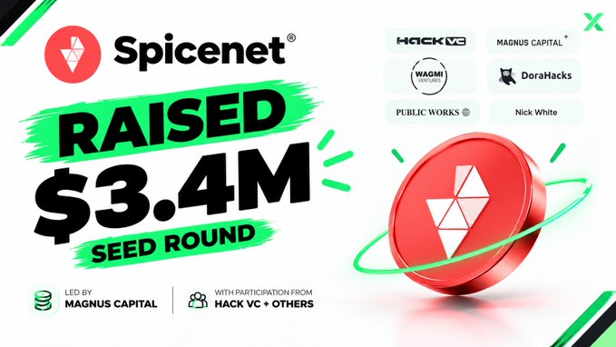 A promotional graphic announcing that 'Spicenet' raised $3.4M in a seed round led by Magnus Capital with Hack VC and others, featuring the logos of Hack VC, MAGNUS CAPITAL, WAGMI VENTURES, DORA HACKS, and PUBLIC WORKS.
