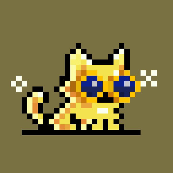 A pixel art illustration of a yellow cat-like creature wearing blue sunglasses on an olive green background.
