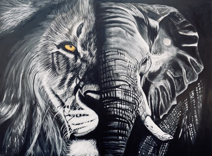A dramatic black and white painting combining the faces of a lion and an elephant merged together, with the lion's piercing yellow eye serving as the only color accent.