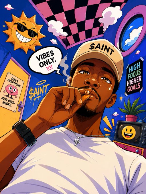 A vibrant, colorful illustration of a man smoking a joint, wearing a beige '$AINT' cap and a white shirt, surrounded by 90s/2000s aesthetic elements including a checkered ceiling, a sun wearing sunglasses, and motivational posters like 'VIBES ONLY' and 'HIGH FOCUS HIGHER GOALS'.