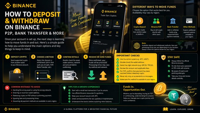 An infographic titled 'HOW TO DEPOSIT & WITHDRAW ON BINANCE' detailing steps like 'DEPOSIT CRYPTO' and 'CHOOSE A METHOD', along with sections on 'IMPORTANT CHECKS', 'COMMON MISTAKES TO AVOID', and 'STAY SAFE'.