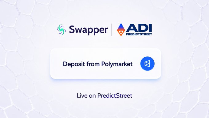 Swapper and ADI PredictStreet promotional graphic showing a 'Deposit from Polymarket' button with text 'Live on PredictStreet'.
