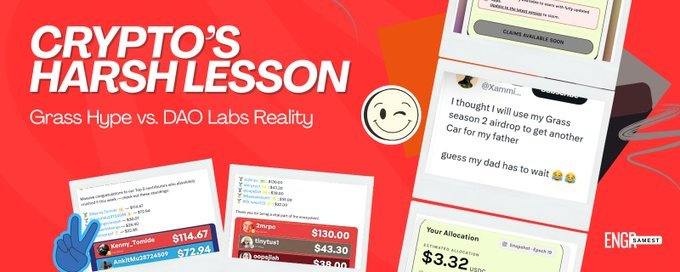 A promotional graphic titled "CRYPTO'S HARSH LESSON: Grass Hype vs. DAO Labs Reality" featuring screenshots of Discord messages, crypto allocation figures, and the "ENDGAMEST" logo.