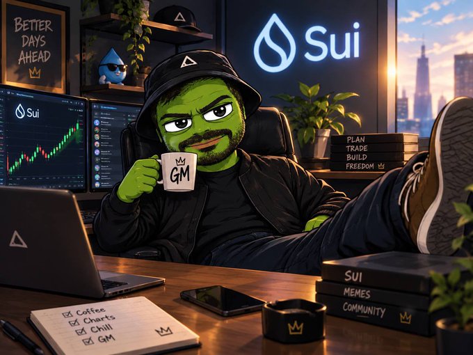 A digital illustration of a green-skinned character wearing a black bucket hat, holding a 'GM' mug, sitting in a gaming setup with neon 'Sui' branding, monitors showing charts, and books labeled 'PLAN TRADE BUILD FREEDOM' and 'SUI MEMES COMMUNITY'.