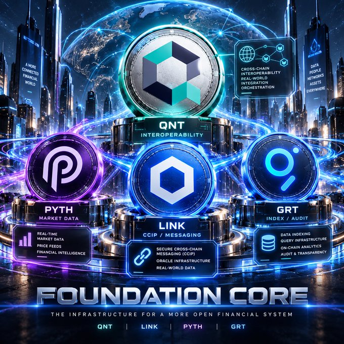 A digital promotional graphic titled 'FOUNDATION CORE' displaying cryptocurrency logos for QNT (Interoperability), PYTH (Market Data), LINK (CCIP / Messaging), and GRT (Index / Audit) against a futuristic cityscape.