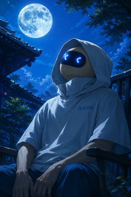 An anime-style illustration of a hooded figure with a robotic face and glowing blue eyes sitting under a full moon, wearing a shirt labeled 'DLICOM'.