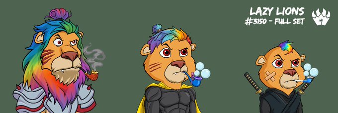Digital artwork titled 'LAZY LIONS #3150 - FULL SET' showing three cartoon lion characters with rainbow manes: one smoking a pipe, one drinking from a blue mug, and one wielding swords.