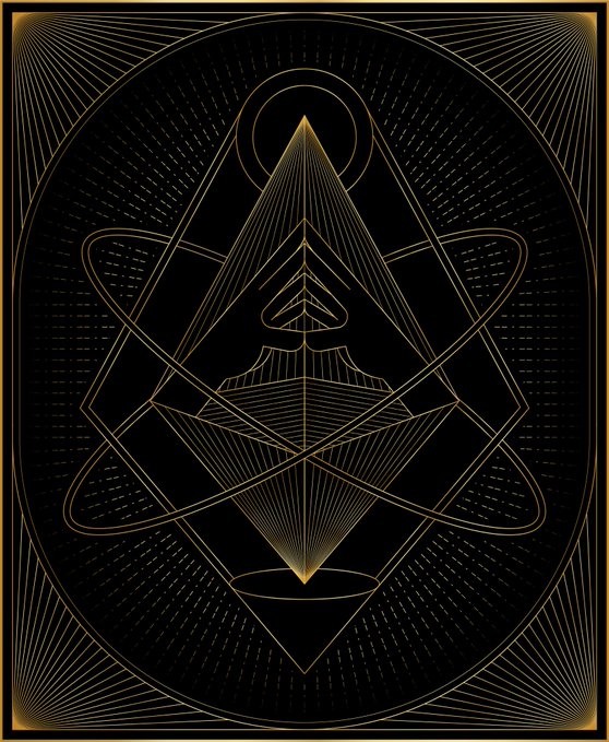 A symmetrical geometric design in gold lines on a black background, featuring intersecting triangles, circles, and star-like patterns within a bordered square.