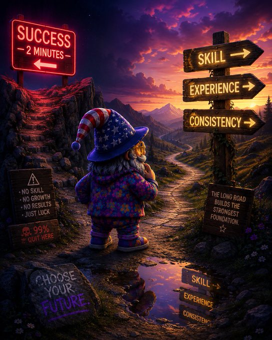 A digital artwork depicting a gnome with a star-patterned hat standing at a crossroads facing three signposts pointing to 'SKILL', 'EXPERIENCE', and 'CONSISTENCY', alongside a red neon 'SUCCESS - 2 MINUTES' sign and signs reading 'NO SKILL, NO GROWTH, NO RESULTS, JUST LUCK' and 'CHOOSE YOUR FUTURE'.