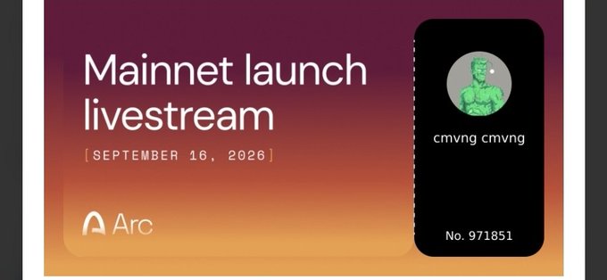 A 'Mainnet launch livestream' announcement from 'Arc' dated September 16, 2026, alongside a profile labeled 'cmvng cmvng' (No. 971851) with a muscular figure avatar.