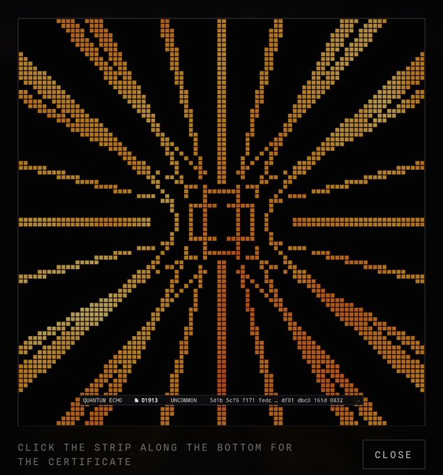 A pixelated orange and yellow sunburst pattern on a black background with the text 'QUANTUM ECHO 01913 UNCOMMON' and 'CLICK THE STRIP ALONG THE BOTTOM FOR THE CERTIFICATE'.
