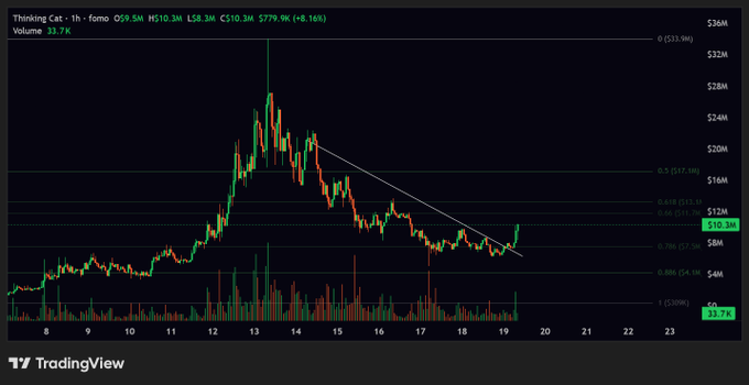 A TradingView chart for Thinking Cat (HMM) shows a 50% intraday surge to about $10.3M, climbing from roughly $7.7M before consolidating near the $10.3M–$12M range on 33.7K volume. The breakout supports the accompanying “Nice 50% move on $HMM for GTG and X Subs!” post.
