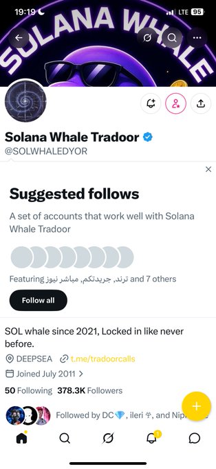 A Twitter/X profile screenshot for 'Solana Whale Tradoor' (@SOLWHALEDYOR) with the bio 'SOL whale since 2021, Locked in like never before.', located in DEEPSEA, joined July 2011, with 50 Following and 378.3K Followers.