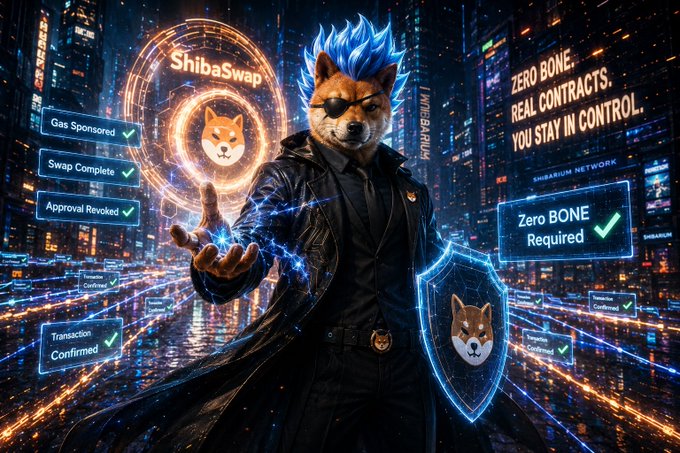 An anthropomorphic Shiba Inu figure with blue spiky hair and sunglasses stands in a futuristic cyberpunk city, casting a glowing blue shield and pointing forward as the "ShibaSwap" emblem glows behind him. Surrounding holographic notifications display "Gas Sponsored," "Swap Complete," "Approval Revoked," "Zero BONE Required," "Transaction Confirmed," and the tagline "ZERO BONE, REAL CONTRACTS, YOU STAY IN CONTROL," visually reinforcing the post's message that Shibarium's security and gasless transactions are powered by BONE.