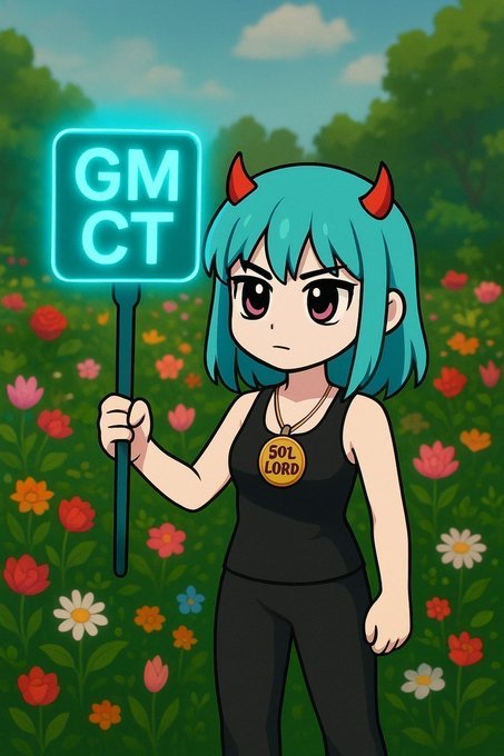 An anime-style illustration of a character with teal hair and red horns wearing a 'SOL LORD' necklace, holding a glowing blue 'GM CT' sign while standing in a flower field.