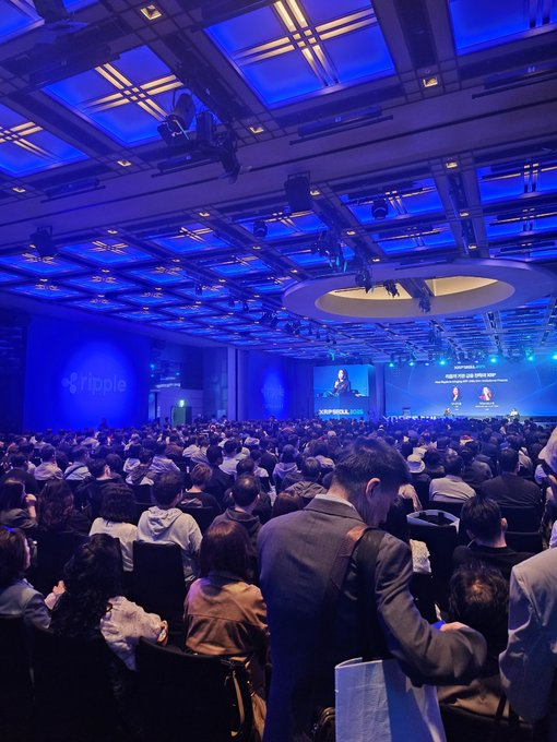 A photograph taken from the back of a large audience attending a conference or presentation, with blue-lit ceilings, stage screens displaying speakers, and the Stripe logo visible on a side screen.