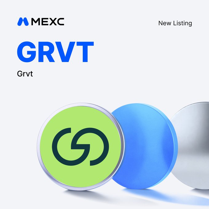 A MEXC exchange announcement graphic announcing the new listing of GRVT (Grvt), featuring the green GRVT logo on a metallic coin alongside blue and silver spheres, promoting its upcoming trading launch in the Innovation Zone.