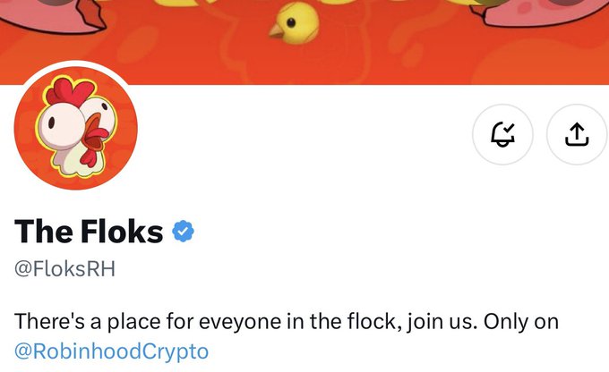 Twitter/X profile for "The Floks" (@FloksRH) featuring a chicken/chick mascot and the tagline "There's a place for everyone in the flock, join us. Only on @RobinhoodCrypto".