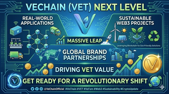 A promotional graphic titled "VECHAIN (VET) NEXT LEVEL" featuring the VeChain logo and four key themes: Real-World Applications, Sustainable Web3 Projects, Global Brand Partnerships, and Driving VET Value, alongside hashtags #VeChain #VET #VeFam #Web3 #Sustainability #CryptoUpdate. The visual reinforces the post's message by highlighting VeChain's focus on practical blockchain use cases, eco-friendly initiatives, and rising VET value.