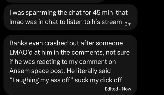 Two chat messages where a user recounts being in chat for 45 minutes to hear "lmao" stream, and mentions Banks crashing out after someone LMAO'd at him in comments on an "Ansem space post," quoting him saying "Laughing my ass off."