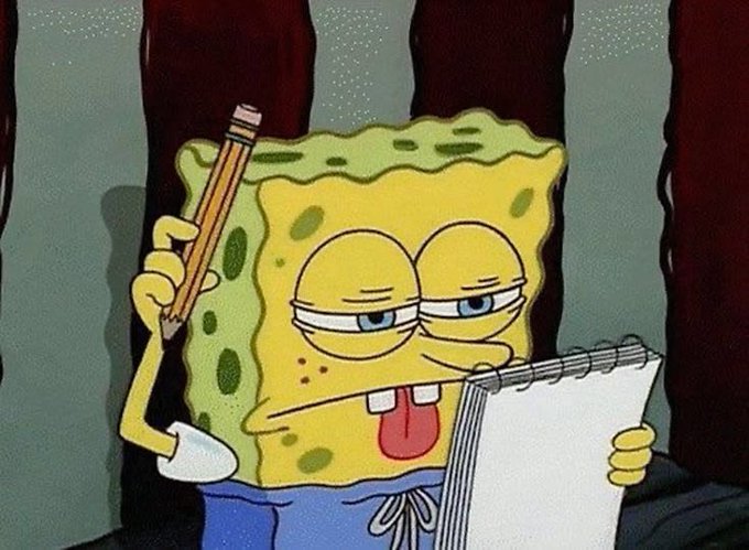 A skeptical-looking SpongeBob SquarePants holding a pencil and a notepad.