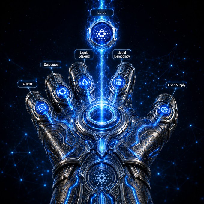 A futuristic metallic gauntlet holds a glowing blue sphere labeled "Leios," with its fingertips inscribed with key Cardano protocol features: eUTxO, Ouroboros, Liquid Staking, Liquid Democracy, and Fixed Supply—symbolizing Cardano's ($ADA) growing arsenal of innovation driving its inevitable rise.