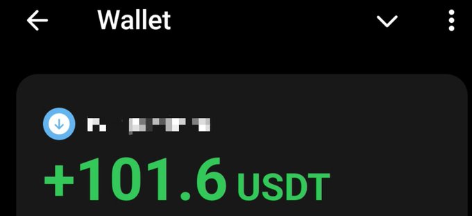 A digital wallet screenshot displays a green '+101.6 USDT' transaction notification on a dark background.