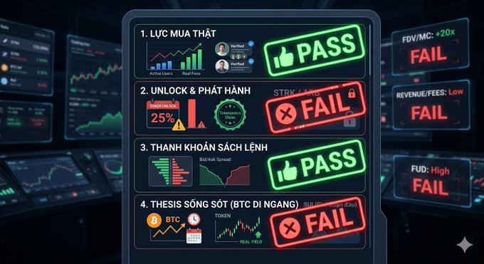A digital dashboard displays four items in Vietnamese: '1. LỰC MUA THẬT' (PASS), '2. UNLOCK & PHÁT HÀNH' (FAIL), '3. THANH KHOẢN SÁCH LỆNH' (PASS), and '4. THESIS SỐNG SÓT (BTC ĐI NGANG)' (FAIL), alongside various financial charts.