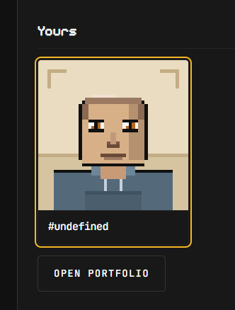 A pixel art profile card labeled 'Yours' featuring a character with the username '#undefined' and an 'OPEN PORTFOLIO' button.