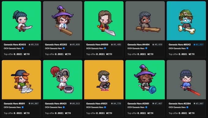 A grid of ten "Genesis Hero" NFT listings from OCH Genesis Hero collection, each showing a different pixel-art character with varying ETH prices and topping offers of 0.0681 METH.