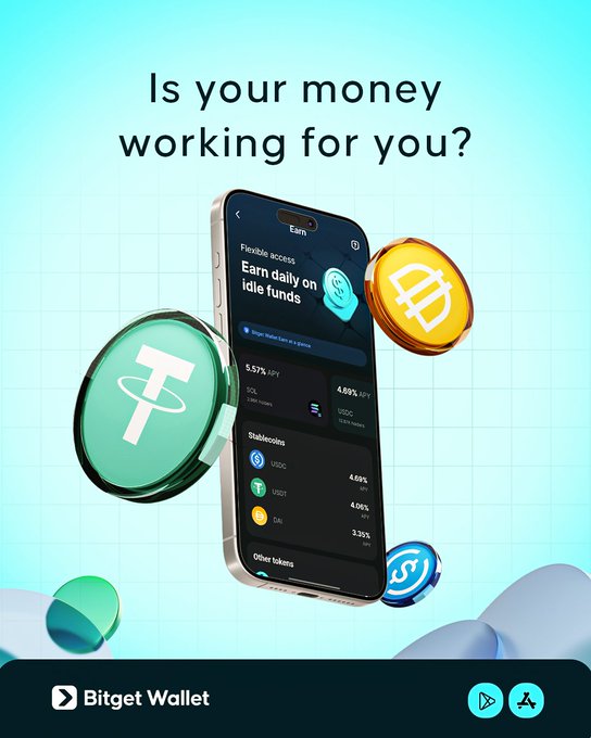 A smartphone displaying the Bitget Wallet "Earn" feature is shown against a teal background, with floating cryptocurrency coins (USDT, SOL, USDC) surrounding it. The screen highlights flexible access earnings with APY rates of 5.57% (SOL) and 4.69% (USDC), directly illustrating the post's message about putting idle crypto holdings to work through Bitget Wallet's Earn program.