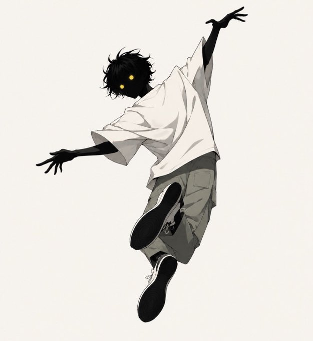 An anime-style illustration of a shadowy silhouetted figure with glowing yellow eyes, wearing a white shirt and gray shorts, posed mid-jump with arms outstretched.