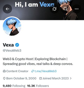 A social media profile for 'Vexa' (@VexaWeb3) displays the banner 'Hi, I am Vexa' and describes her as a 'Web3 & Crypto Host | Exploring Blockchain' with 9,480 Following and 16.3K Followers.