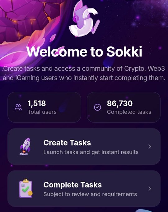 Mobile app welcome screen for 'Sokki' with the tagline 'Create tasks and access a community of Crypto, Web3 and iGaming users who instantly start completing them,' showing 1,518 total users and 86,730 completed tasks.