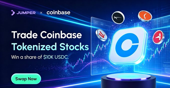 A promotional banner for a Jumper × Coinbase trading event inviting users to trade Coinbase tokenized stocks with a chance to win a share of $10,000 USDC, featuring a glowing blue app icon surrounded by stock ticker symbols and a "Swap Now" call-to-action button.