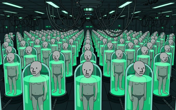 An AI-generated illustration depicting a dystopian scene with rows of identical humanoid figures submerged in green liquid-filled tubes or pods in a laboratory-like facility.
