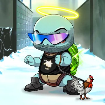 A chibi-style blue turtle character wearing reflective shades, a halo, and a chain, walks down a snowy alley alongside a chicken, appearing as a playful mascot that complements the post's announcement of the "OPERATION: RECRUIT 250" mint campaign for TurtleLabs and its VET Squadonian NFT collection.
