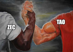 Two muscular arms engage in an intense arm-wrestling match, with "ZEC" labeled on the dark-skinned arm in white and "TAO" labeled on the other arm in red, symbolizing a battle between the Zcash and Tao cryptocurrencies that mirrors the post's call to keep the bullish crypto momentum going.