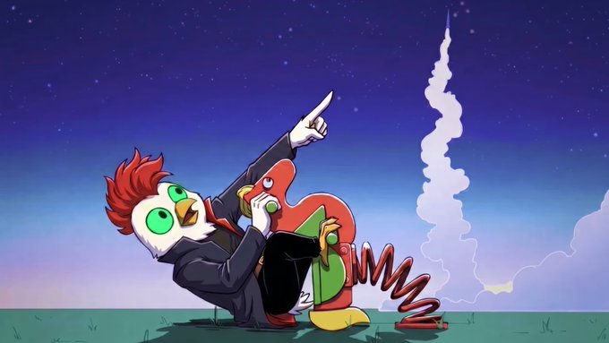 A cartoon bird character with red hair and green eyes, wearing a suit, clings to a giant thermometer while pointing triumphantly at a rocket shooting skyward — symbolizing Litecoin's ($LTC) 3% price surge and bullish momentum. The image humorously illustrates the post's call to "Mog the non-believers" and send the price higher.