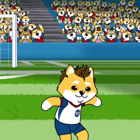 The image features a cartoon dog wearing blue shorts, dancing on a soccer field with a crowd of people behind him cheering. The caption reads "Shoot it to Mars", which suggests that this scene might be related to an event or promotion involving space exploration or Mars missions.