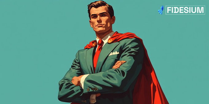 An illustrated superhero-style character in a green suit and red cape with the "FIDESIUM" logo in the top right corner.