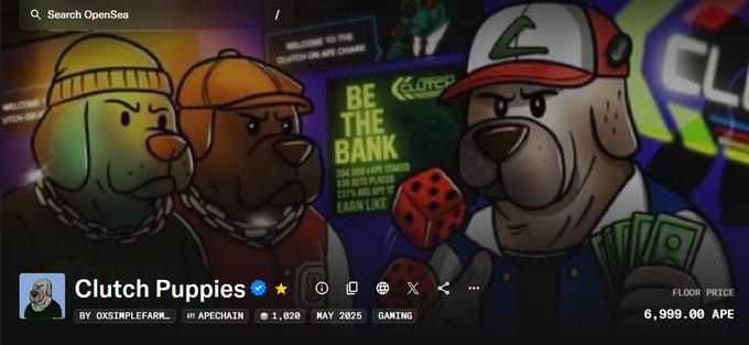 The image displays the OpenSea NFT collection page for "Clutch Puppies" by 0xSimpleFarm on ApeChain, featuring cartoon dog characters with a "Be the Bank" Clutch promotional graphic, a floor price of 6,999.00 APE as of May 2025. The post highlights how 0xSimpleFarm's collection holds the #1 position on ApeChain, emphasizing his pivotal role in building the platform's NFT ecosystem.