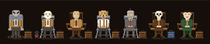 A pixel art illustration depicting a lineup of seven figures in business attire, each accompanied by a suitcase against a black backdrop.